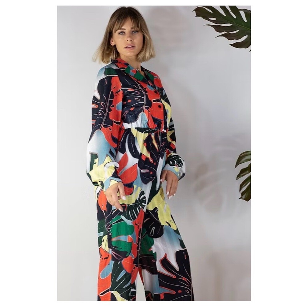 MULLA Jumpsuit Womens Size M Tropical Leaf Print Wide-Leg Tie Waist NWT - Picture 2 of 6